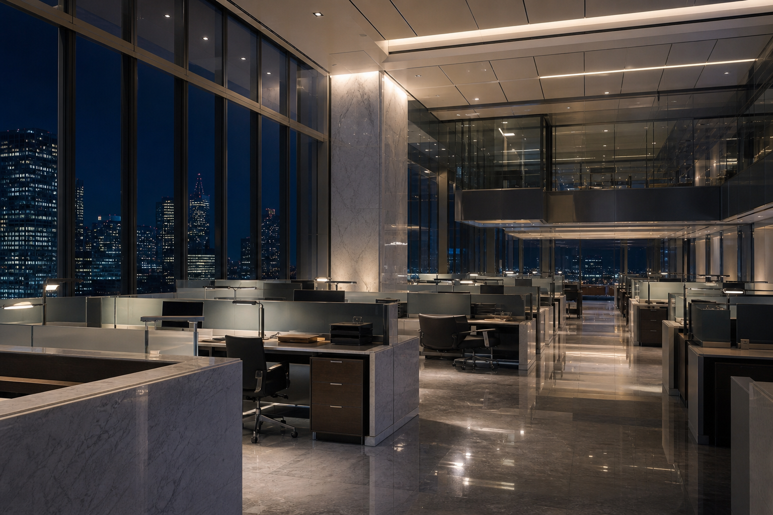 Empty secure banking operations floor with city views