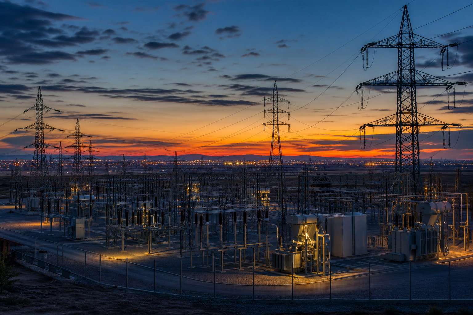 Electrical substation and transmission lines at twilight