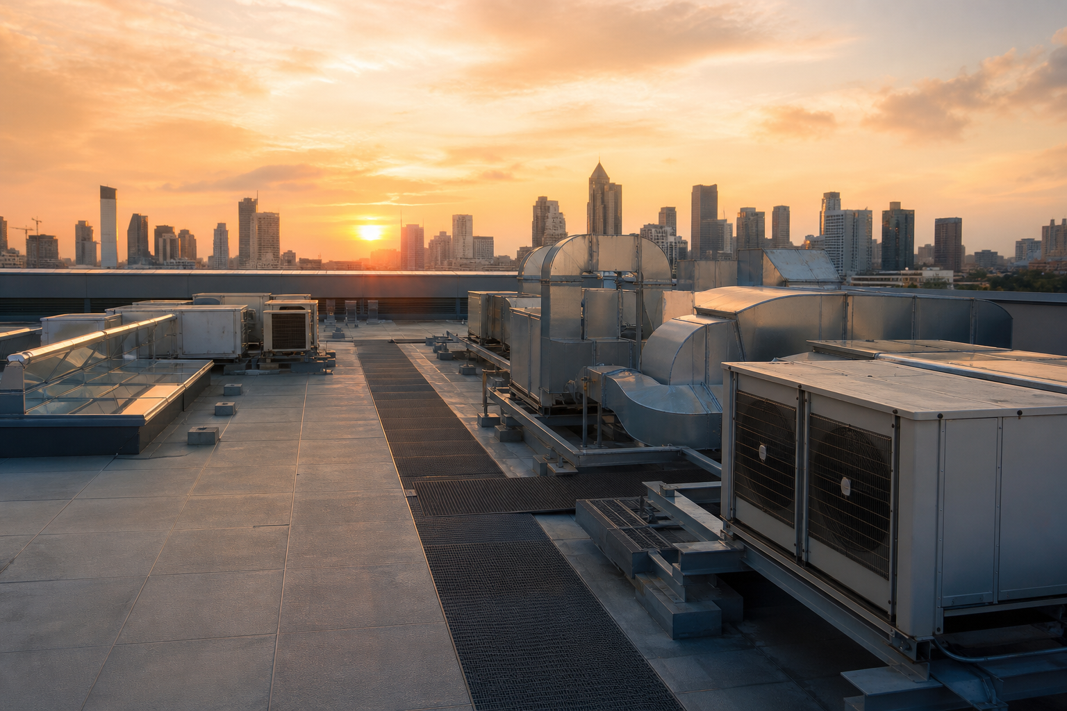 Commercial building rooftop with HVAC equipment at sunset