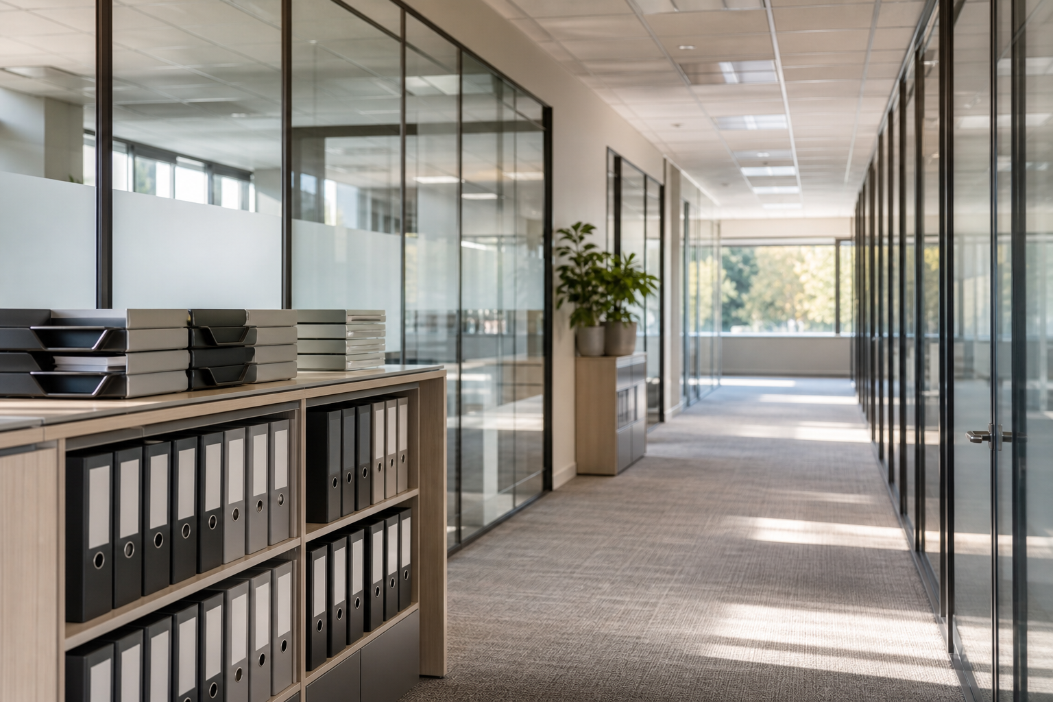 Empty insurance claims processing corridor with file storage