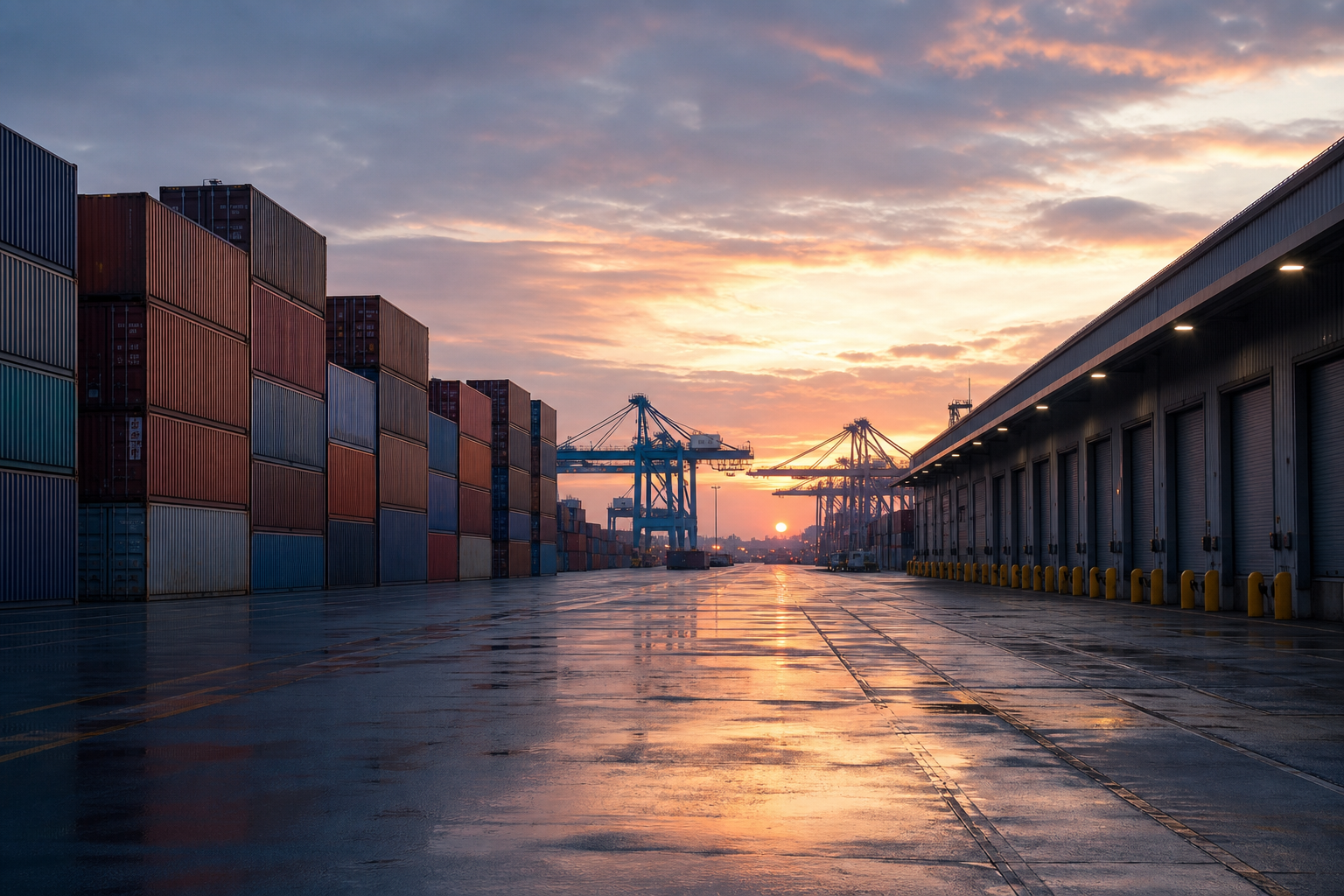Container terminal and freight yard at dawn
