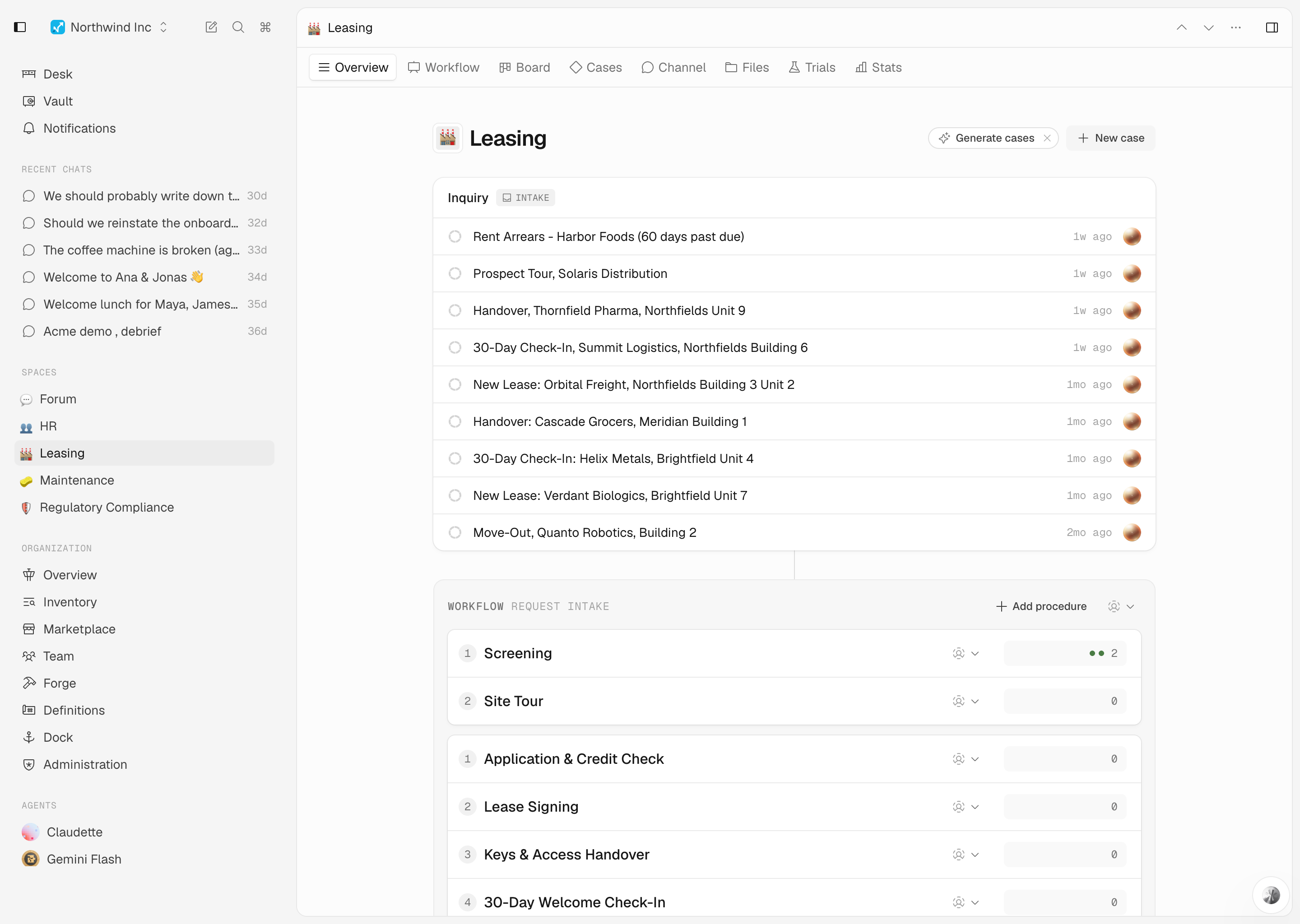 The Interloom workspace: a Leasing space with its inbox of inquiries and the underlying workflow stages.